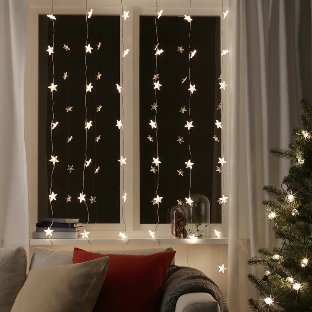 IKEA STRÅLA Christmas LED string light curtain/48 lights, in/outdoor stars NEW